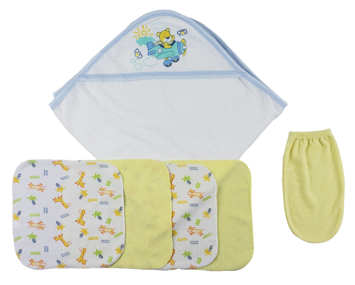 Blue Hooded Towel, Washcloths and Hand Washcloth Mitt - 6 pc Set CS_0009