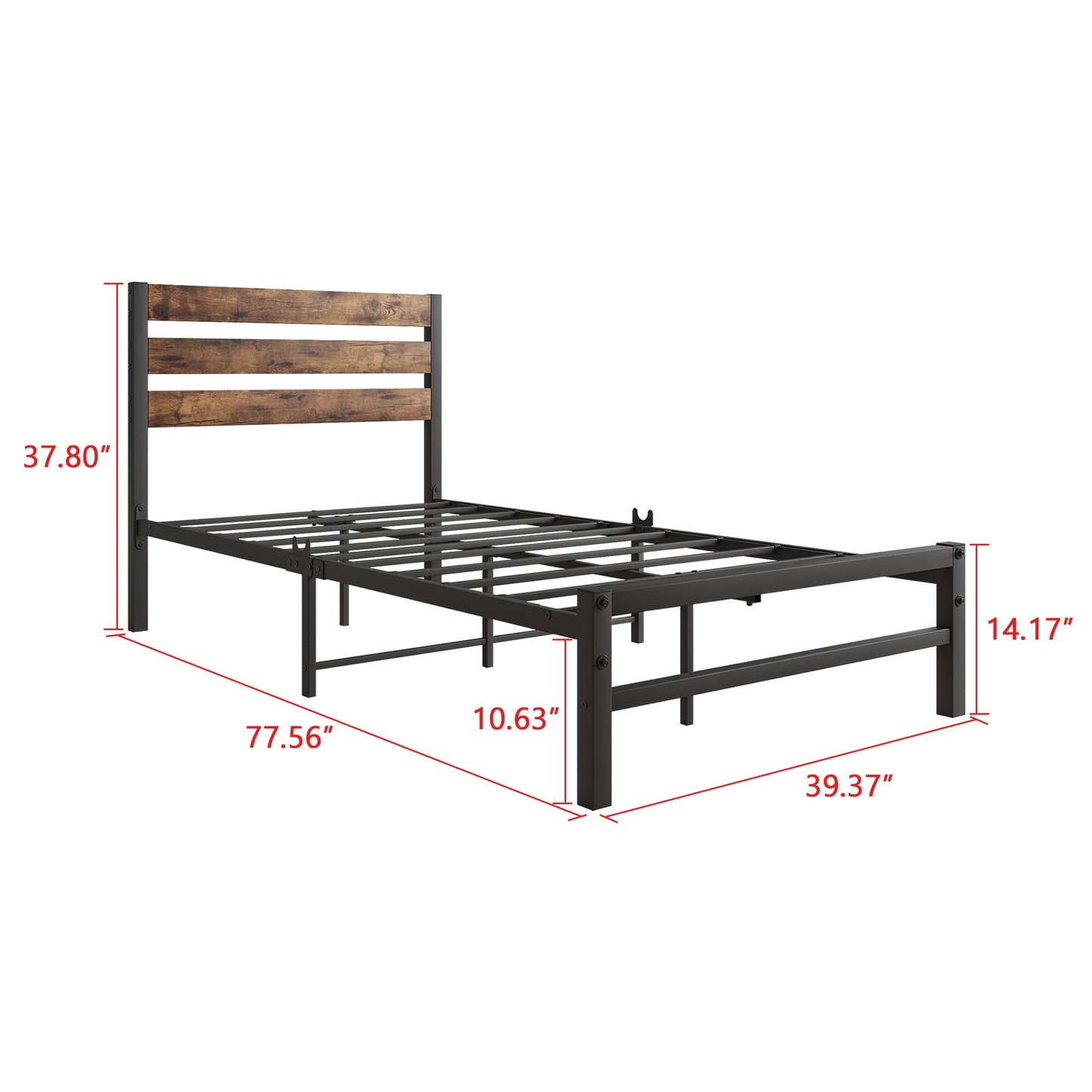 Twin-Sized Platform Bedframe with Slats and Rustic Wooden Head Board