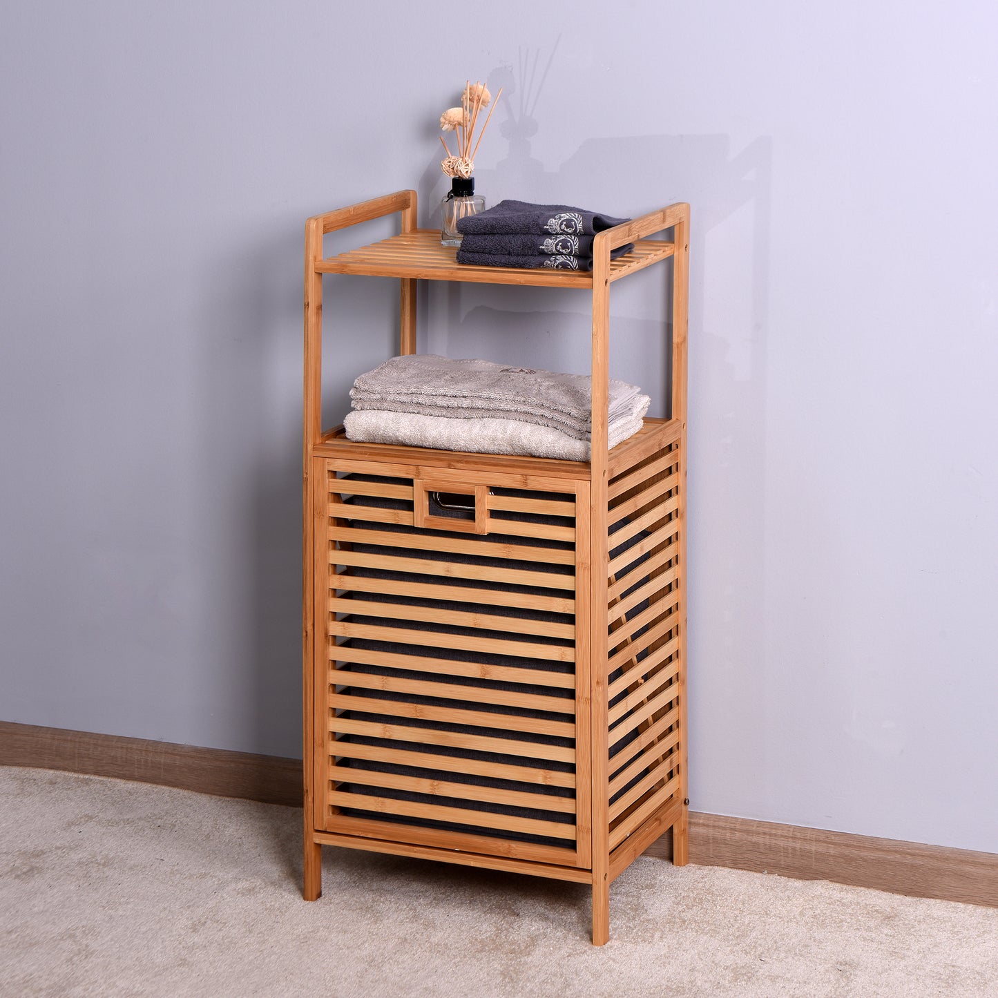 Natural Wooden Organizer Bamboo Laundry Storage Basket with 2 Tier Shelf