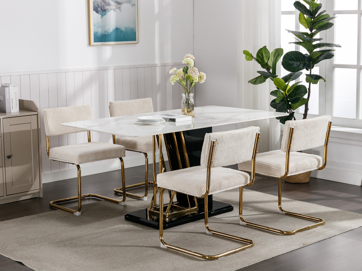 Set of 2 Modern Dining Chairs in Corduroy Fabric with Gold Metal Base- Beige