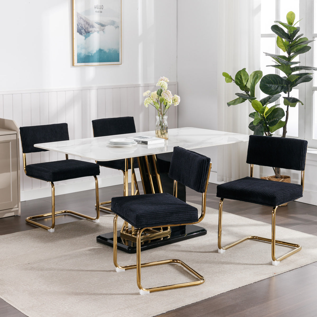 Set of 2 Modern Dining Chairs in Corduroy Fabric with Gold Metal Base- Black