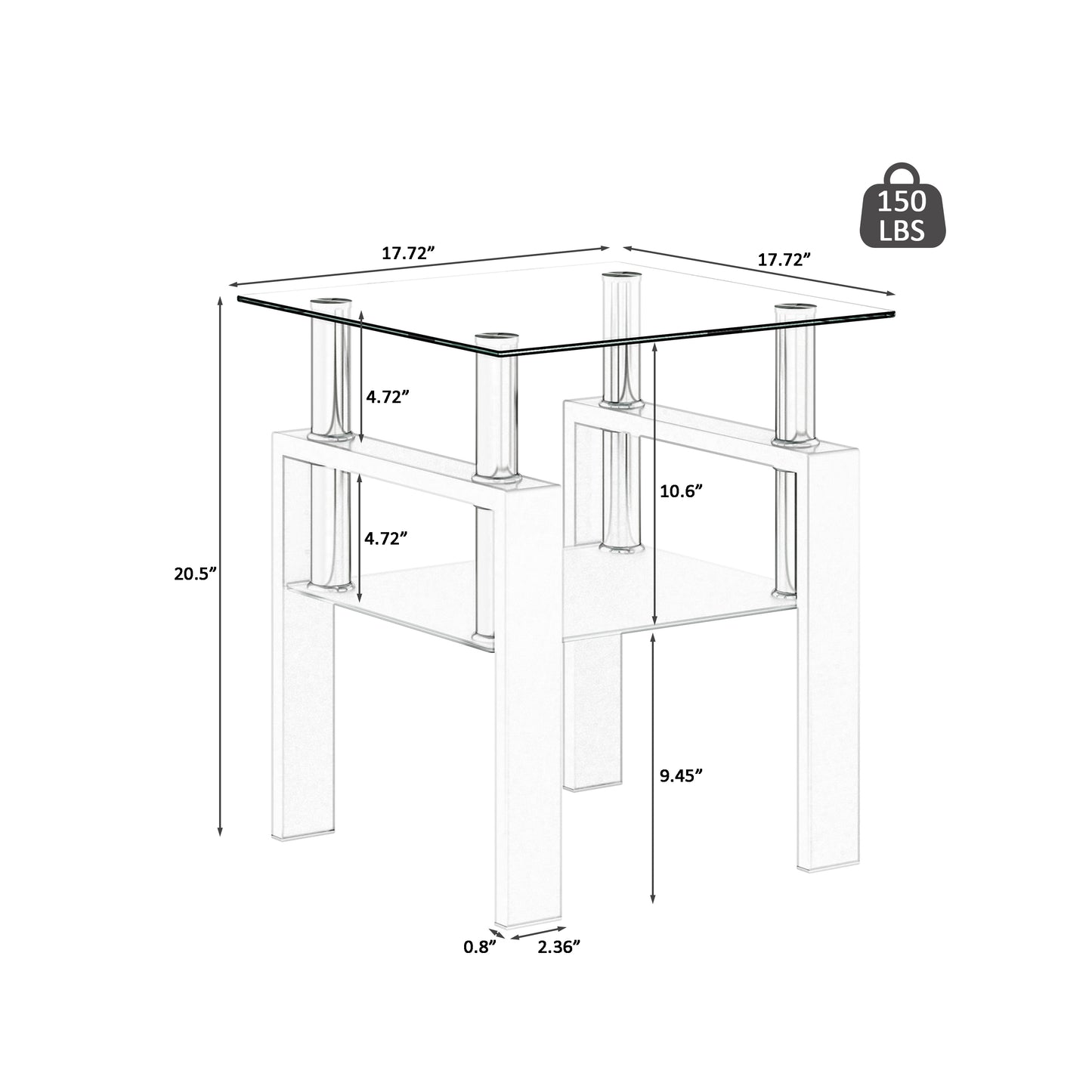 2 pcs Modern Design Coffee Table Tempered Glass End Table Night Stand- Transparent/White