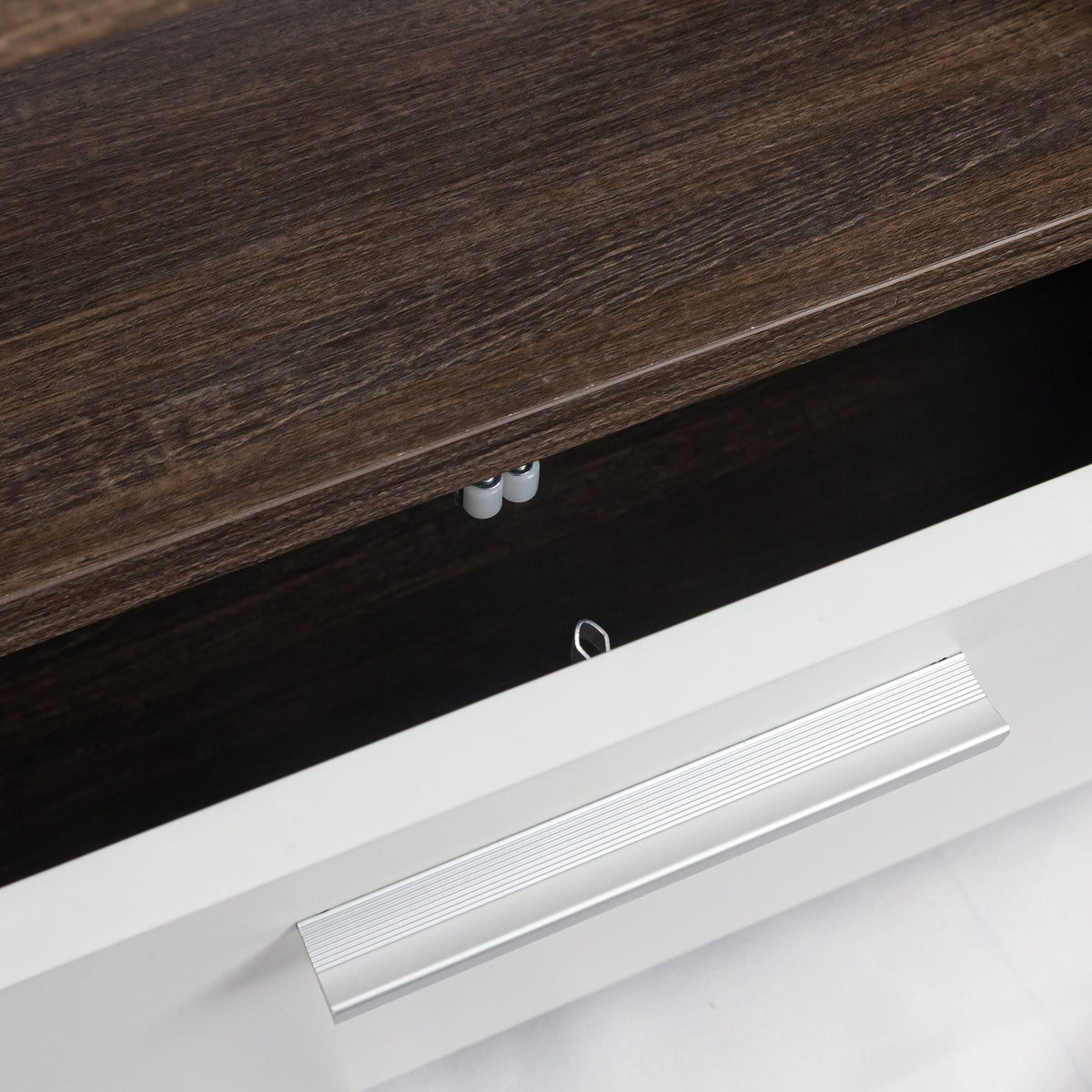 Easy and Quick Assembly Modern TV Stand with Toughened Glass Shelf- Brown+White