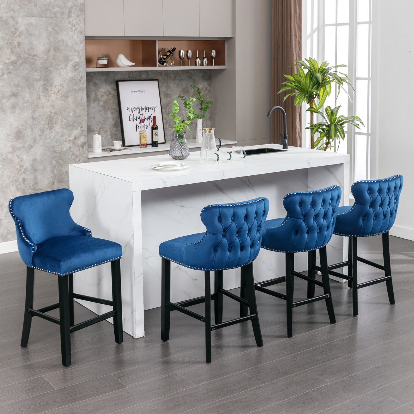 2pcs Chrome Accent Wingback Bar Stools Tufted Velvet with Nailhead and Black Legs- Blue
