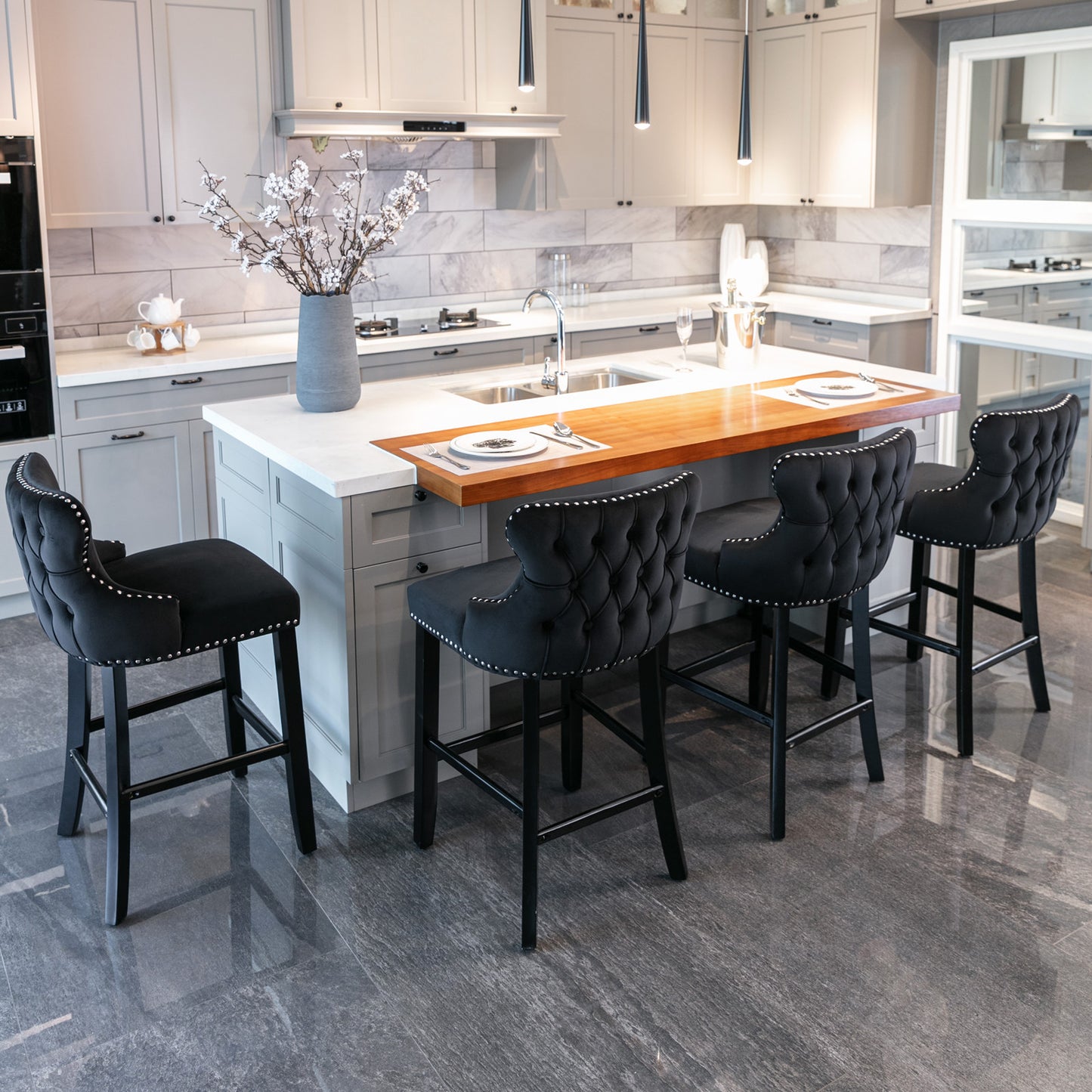 2pcs Chrome Accent Wingback Bar Stools Tufted Velvet with Nailhead and Black Legs- Black