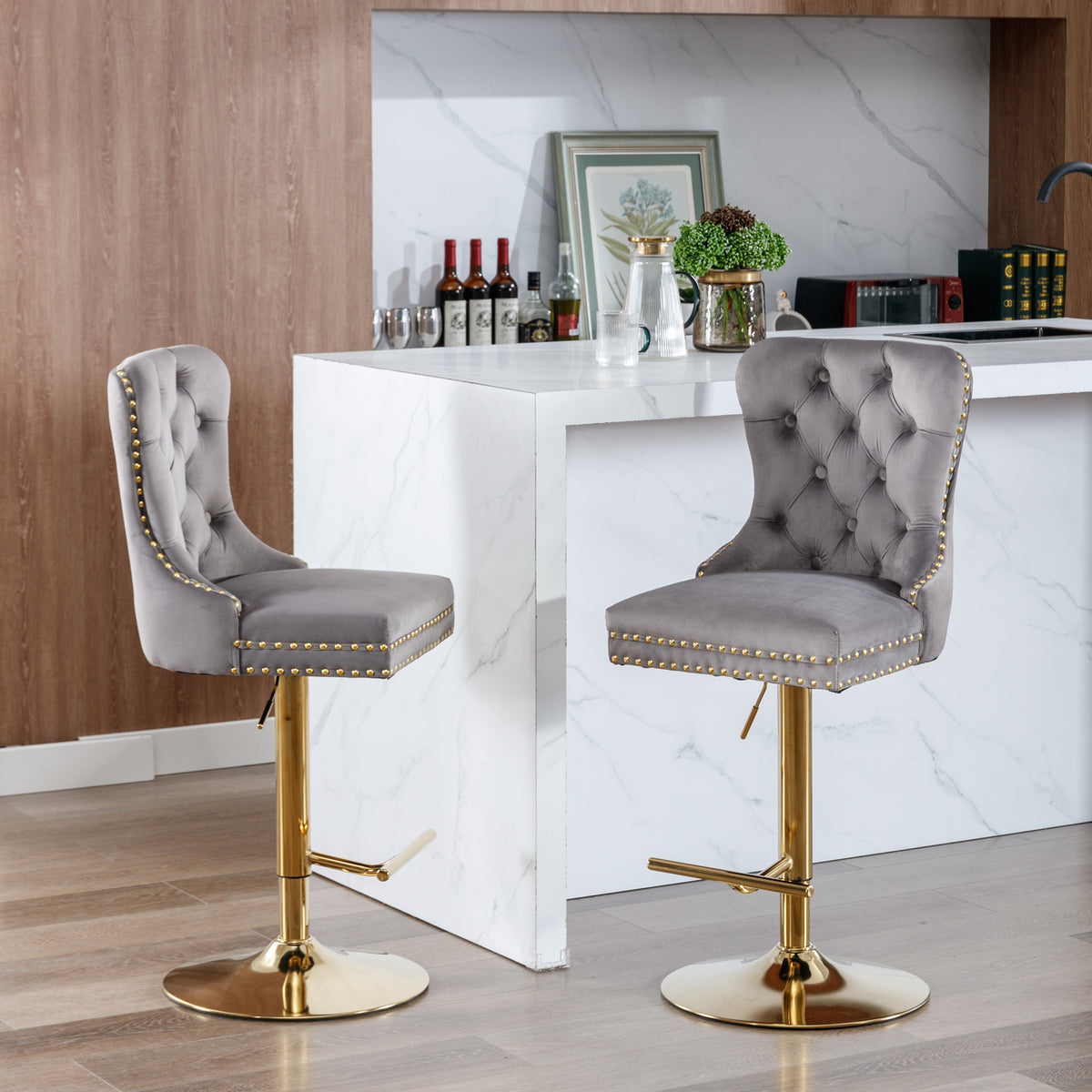 Set of 2 Height Adjustable Upholstered Tufted Velvet Armless Bar Stools with Gold Details- Gray