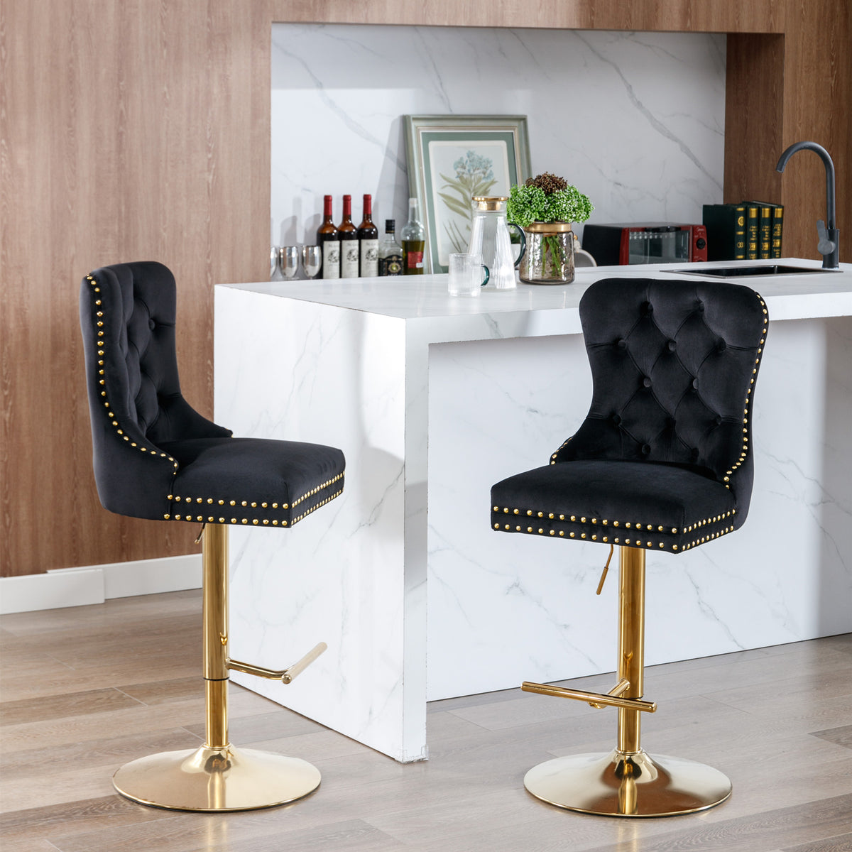 Set of 2 Height Adjustable Upholstered Tufted Velvet Armless Bar Stools with Gold Details- Black