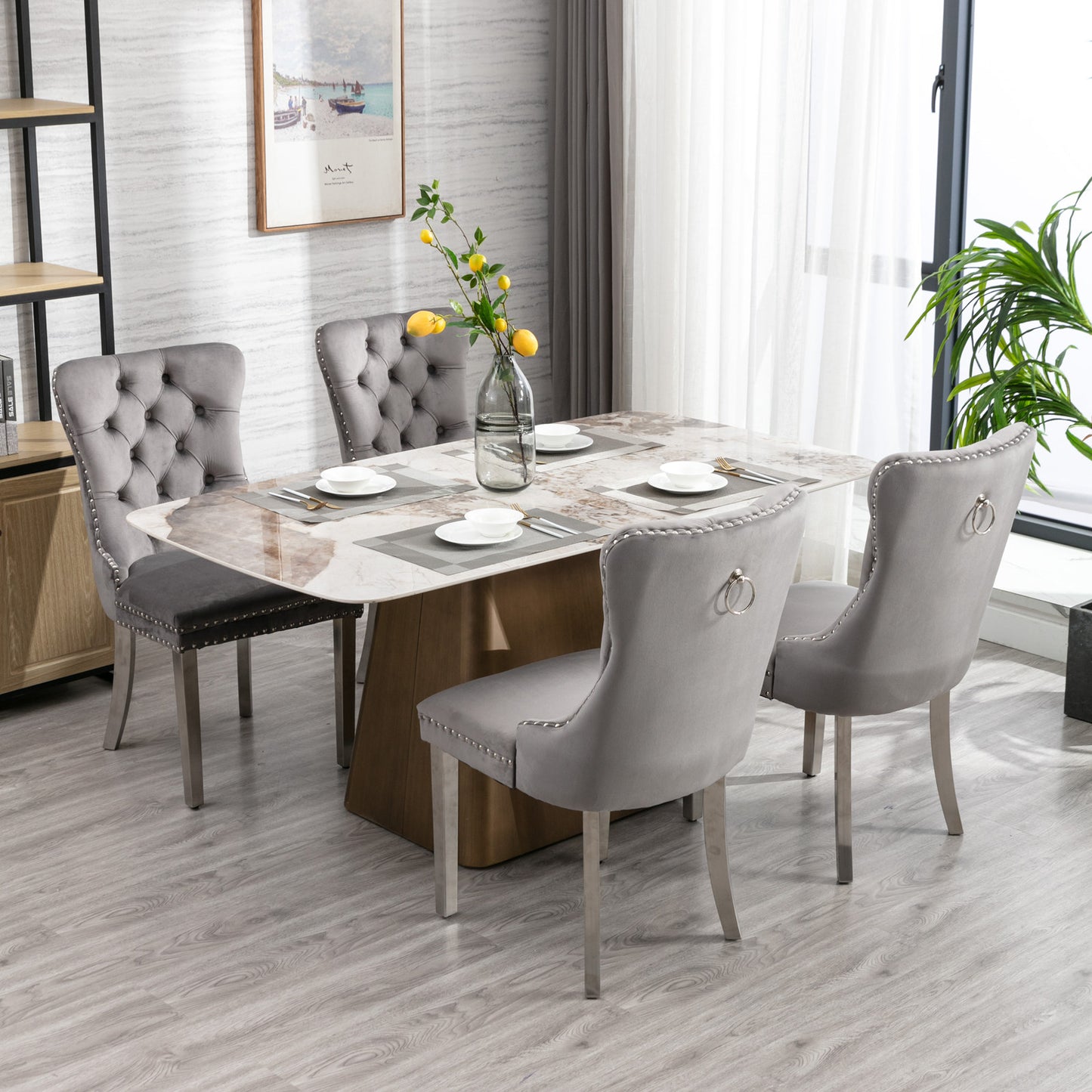 2 pcs High-End Tufted Contemporary Velvet Chair with Chrome Stainless Steel Legs- Green