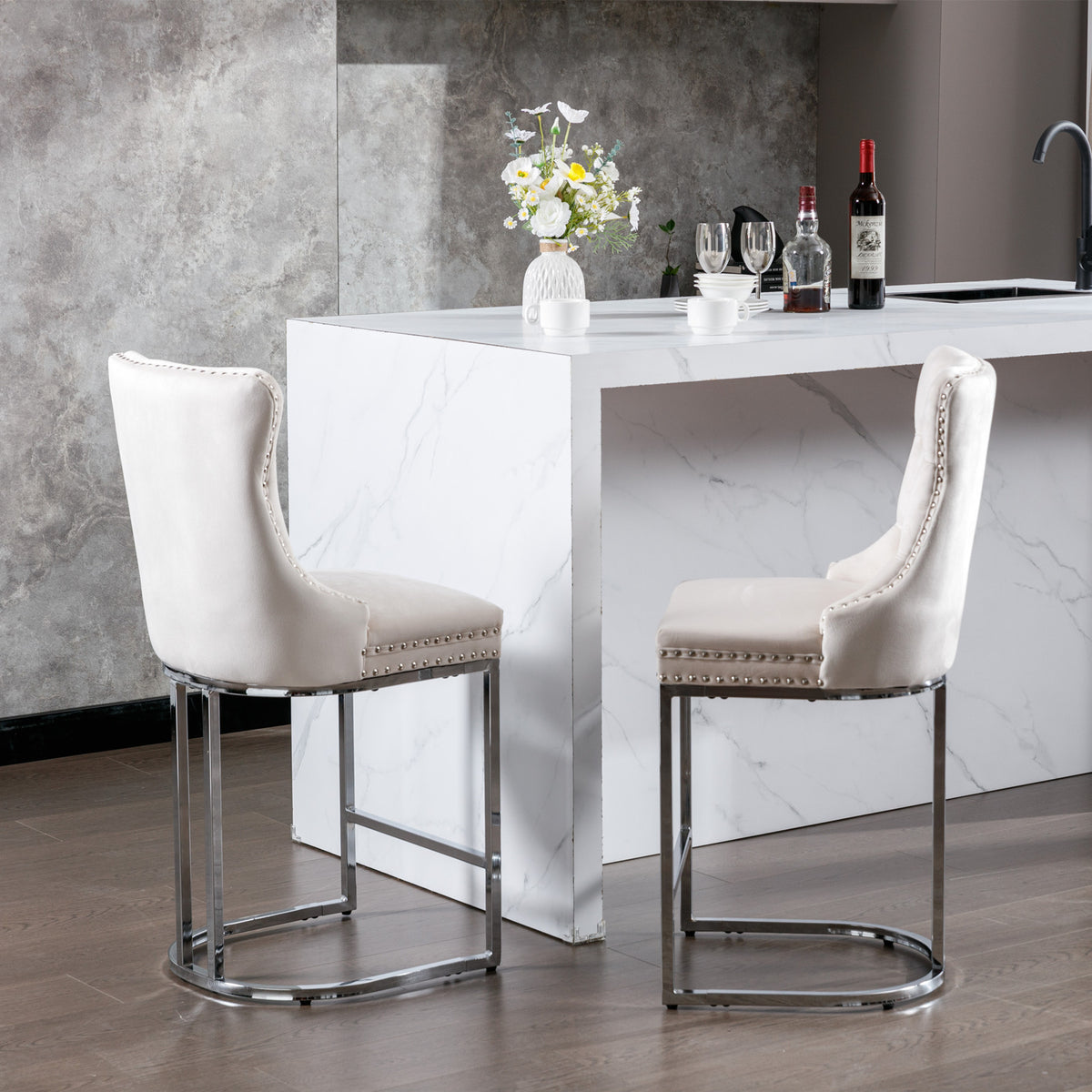 Set of 2 Upholstered Tufted Velvet Armless Bar Stools with Chrome Base Legs- Beige