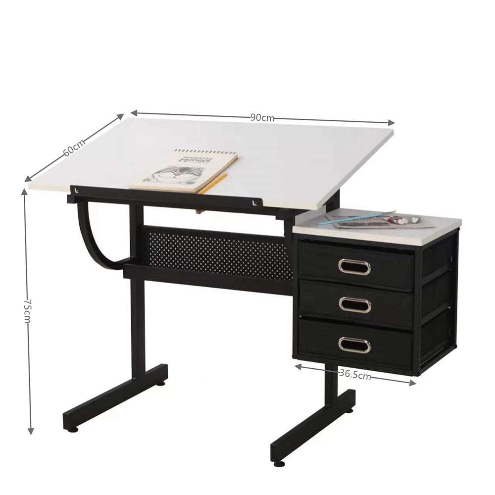 Adjustable Drafting Table with Stool & 3 Drawers - White