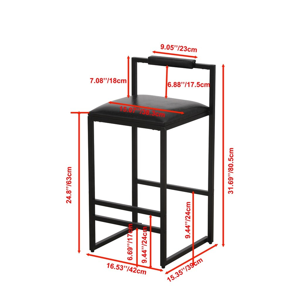 Set of 2 Black Bar Stools with Backrest and Footrest