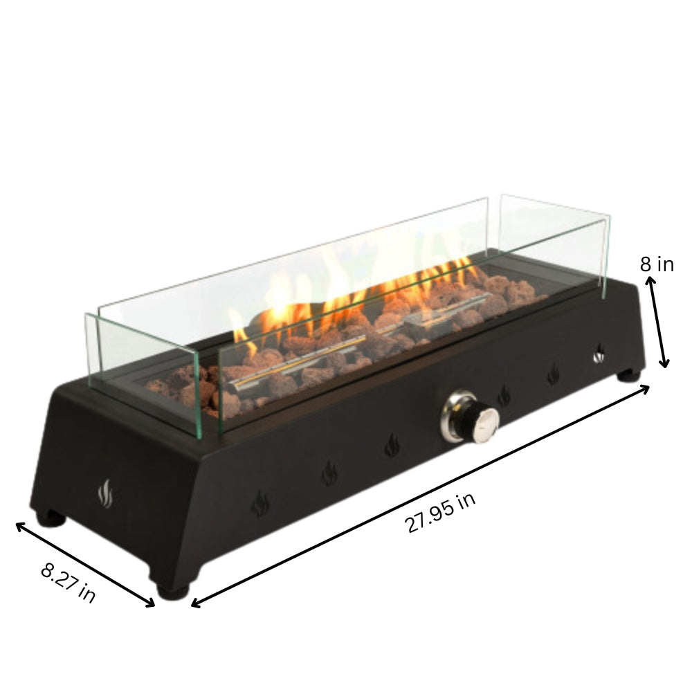 28 inch Portable Outdoor Tabletop Fire Pit with Glass Wind Guard and Lava Rocks