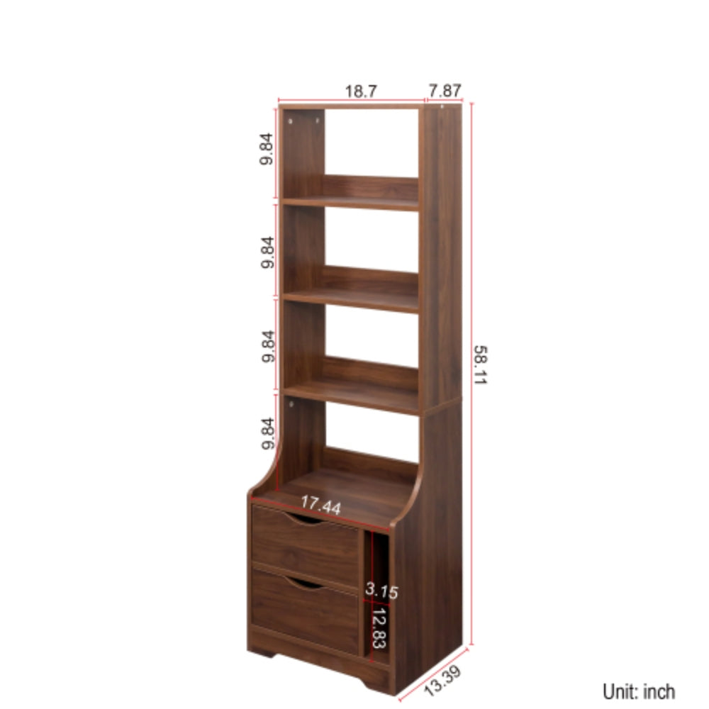 Nightstand with Bookshelf and 2 Storage Drawers