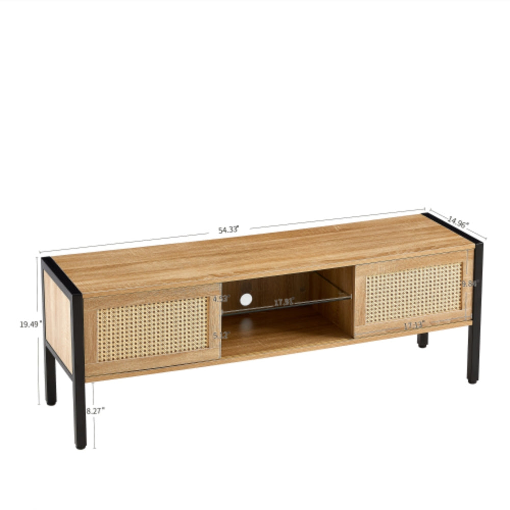 54.33 Inch Rattan TV Cabinet with Adjustable Color Light Strip in Natural Finish