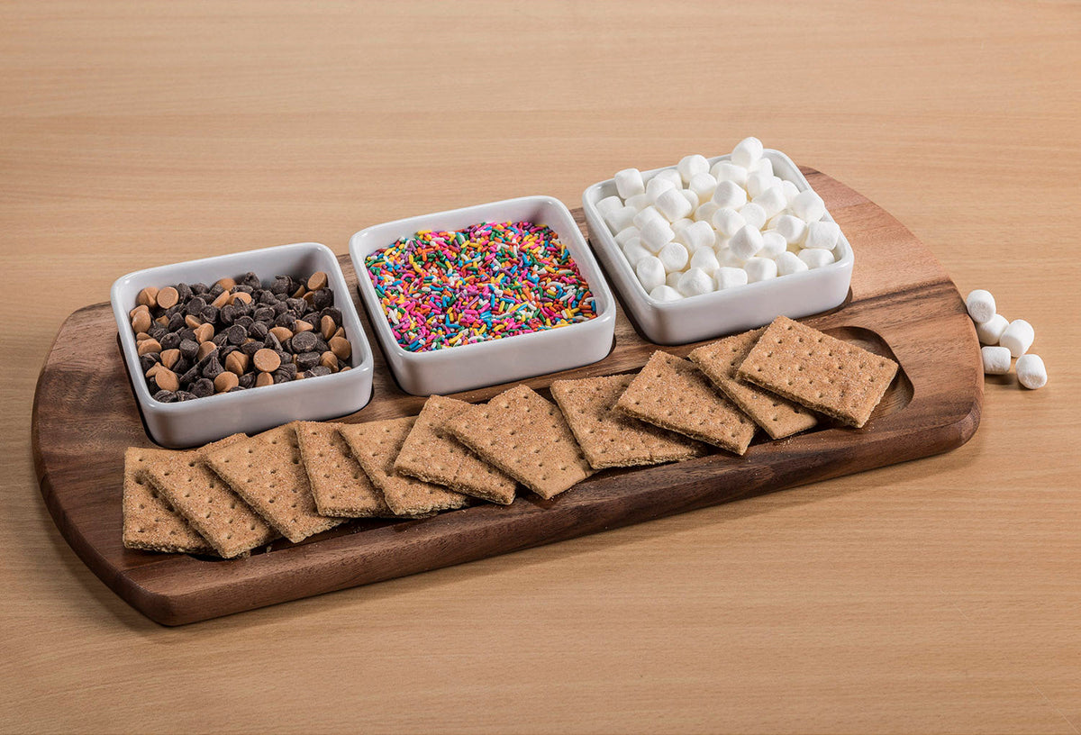 Charcuterie / Serving Tray w/ 3 Square Ceramic Bowls - Kalmar Home acacia wood serving platter, view 6
