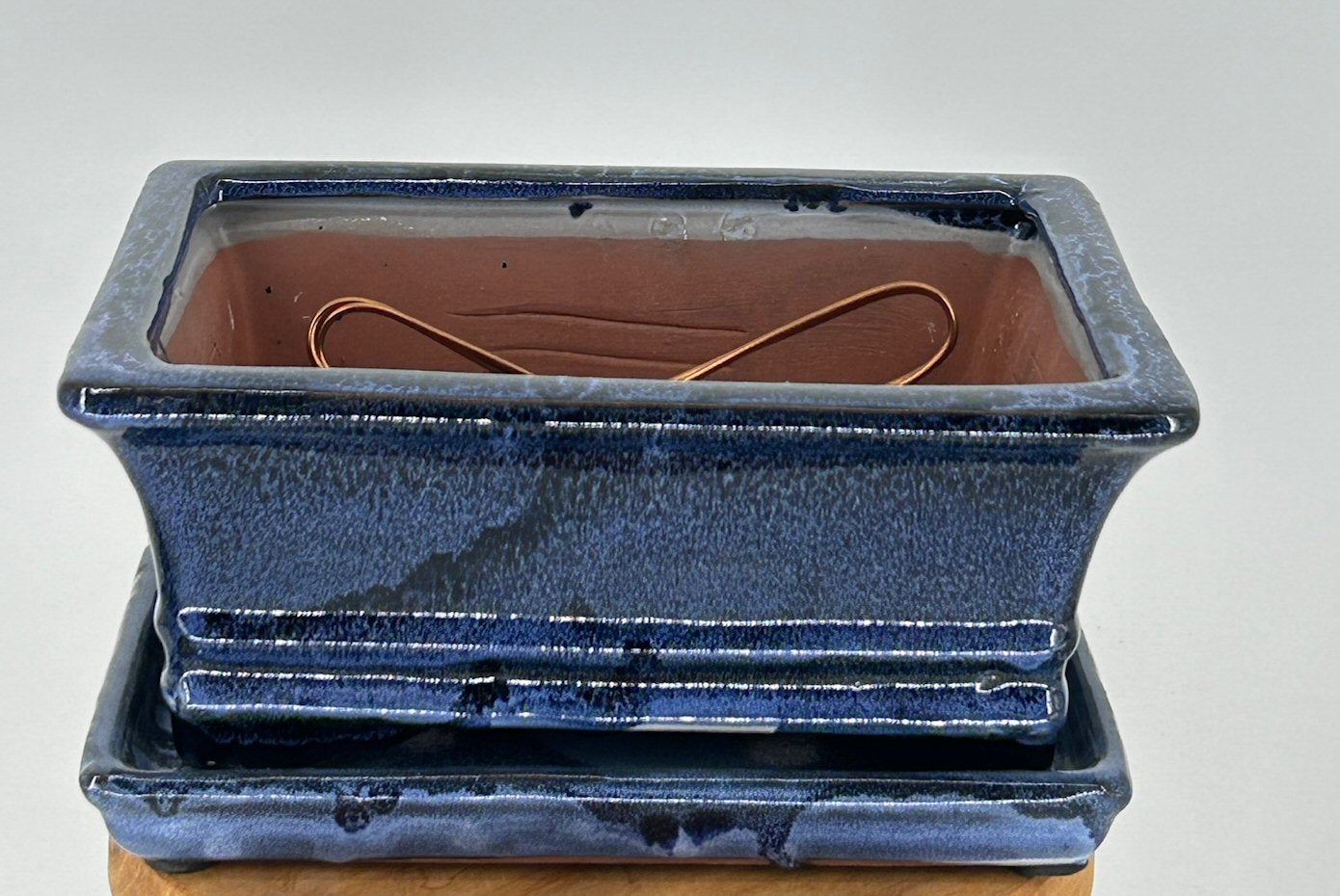 Marble Blue Ceramic Bonsai Pot - Rectangle Professional Series with Attached Humidity/Drip tray 8.25" x 6.25" x 3.75"