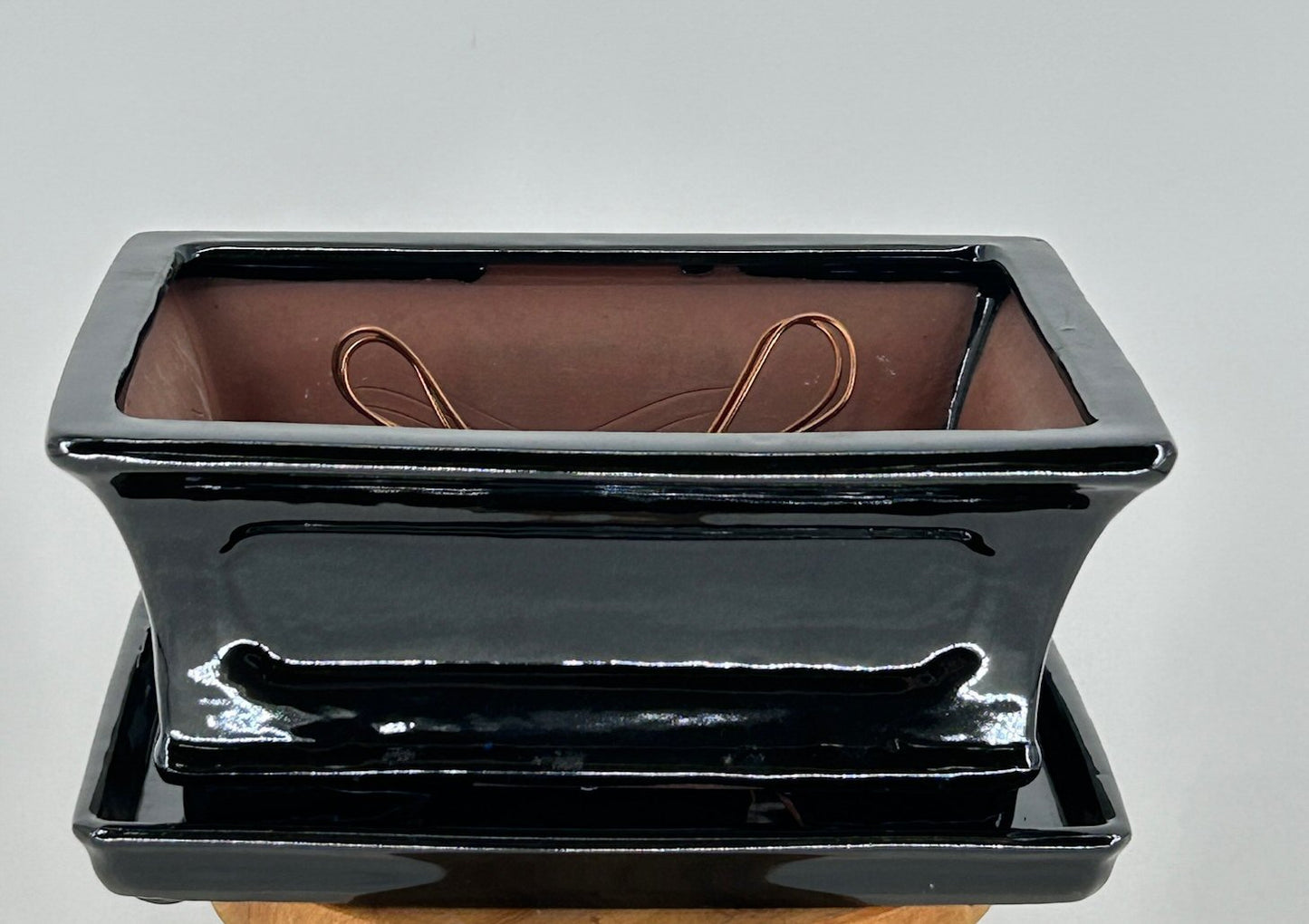 Black Ceramic Bonsai Pot With Attached Humidity/Drip tray - Professional Series Rectangle 10.25" x 8.25" x 4.5" OD, 9" x 6.75" x 3.5" ID