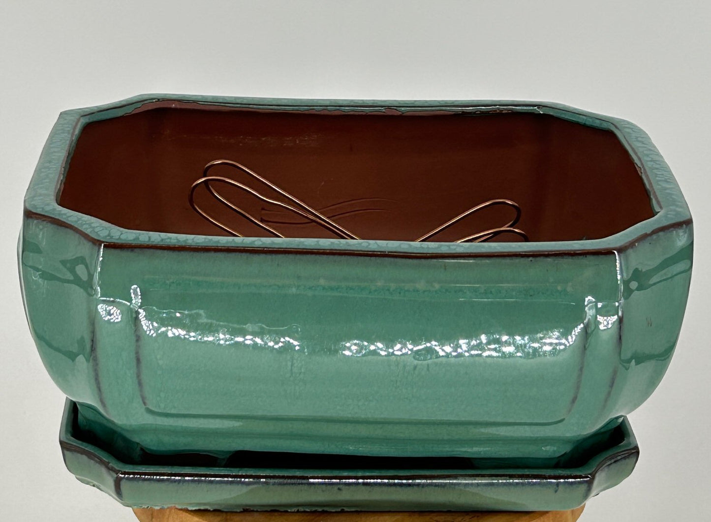 Light Green Ceramic Bonsai Pot - Rectangle Professional Series With Attached Humidity/Drip tray 10.75" x 8.5" x 4.125"