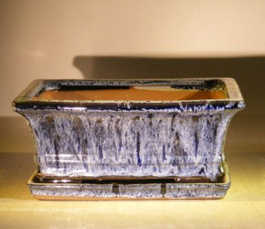 Marble Blue Ceramic Bonsai Pot - Rectangle Professional Series with Attached Humidity/Drip Tray 10" x 8" x 4.5"