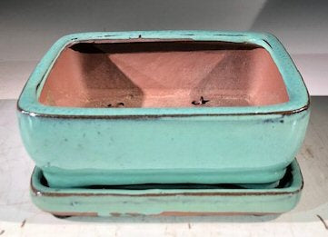 Turquoise Ceramic Bonsai Pot -Rectangle With Humidity Drip Tray 6" x 4.5" x 2.5"