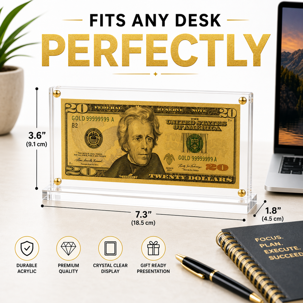 20 Dollar Gold Foil Bill with Acrylic Display Stand
