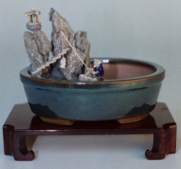Water/Stone Landscape Scene Ceramic Bonsai Pot - 8" x 6"