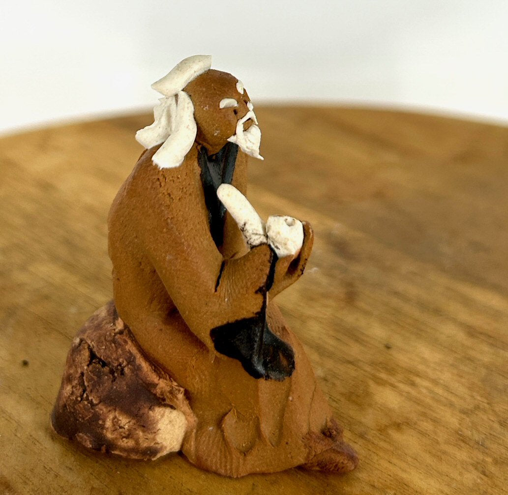 Miniature Ceramic Mud Man Figurine With Pipe Small - 1.75"