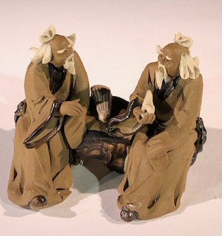 Ceramic Figurine Two Mud Men Sitting On A Bench with Musical Instrument - 2"