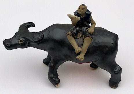 Ceramic Figurine Boy Sitting On Standing Buffalo Large - 3.5"