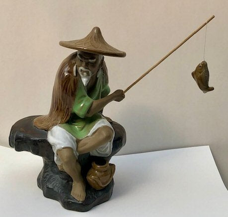 Miniature Ceramic Figurine Glazed Fisherman - 8.5"
