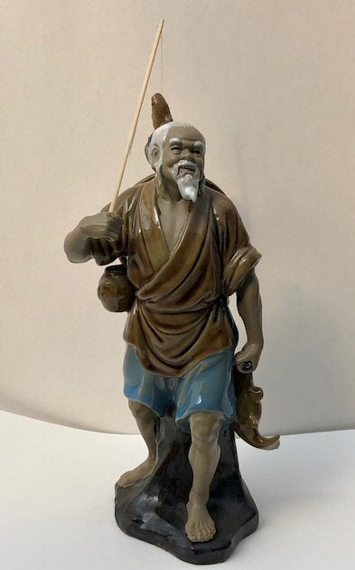 Miniature Ceramic Figurine Glazed Fisherman - 10"