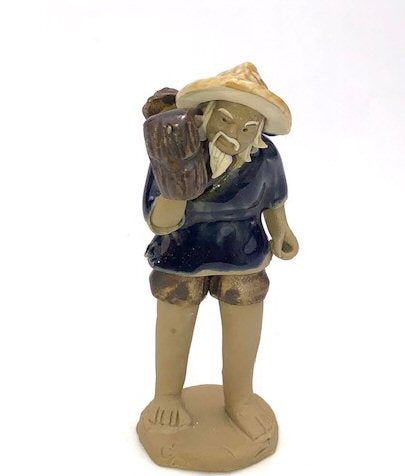 Miniature Ceramic Figurine - Glazed Farmer Carrying Wood - 3"