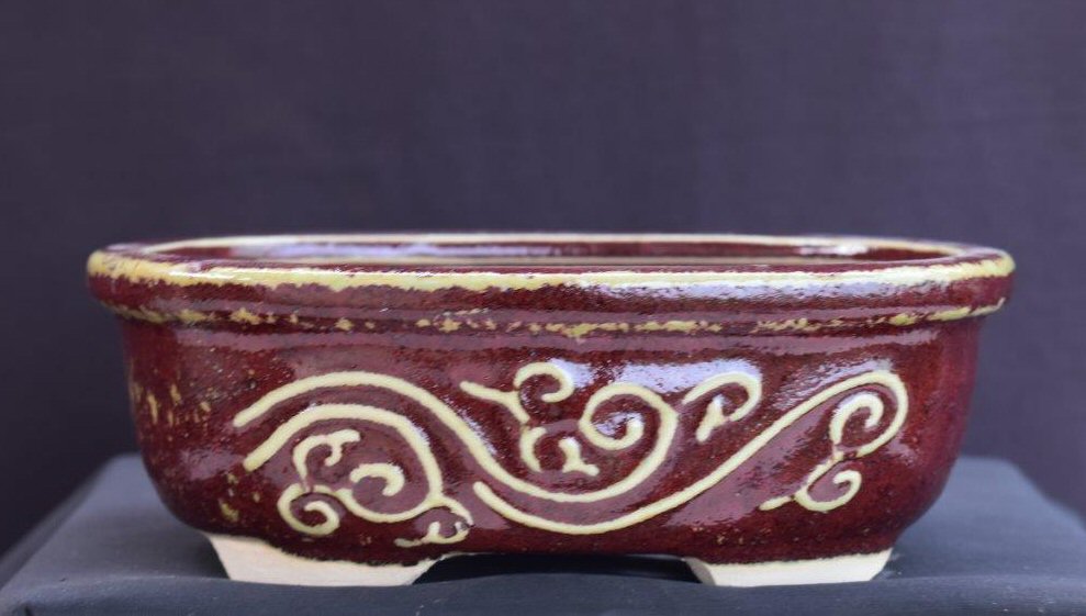 Parisian Red Ceramic Bonsai Pot - Oval 7.5" x 5.75" x 2.5"
