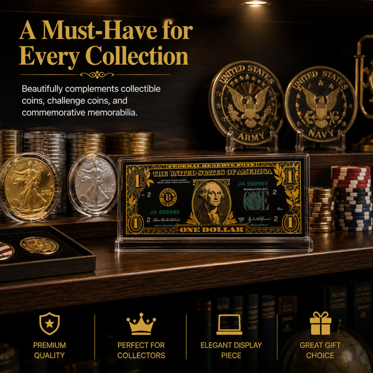 1 Dollar 24K Gold and Black Plated Decorative Collectible Banknote