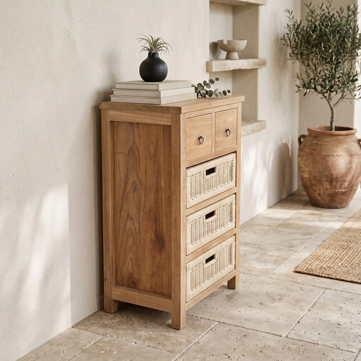 SAFARI OCCASIONAL TABLE WITH DRAWERS & RATTAN BASKET