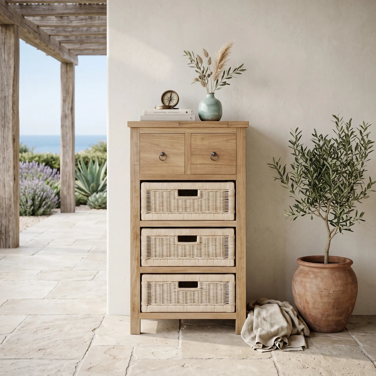 SAFARI OCCASIONAL TABLE WITH DRAWERS & RATTAN BASKET