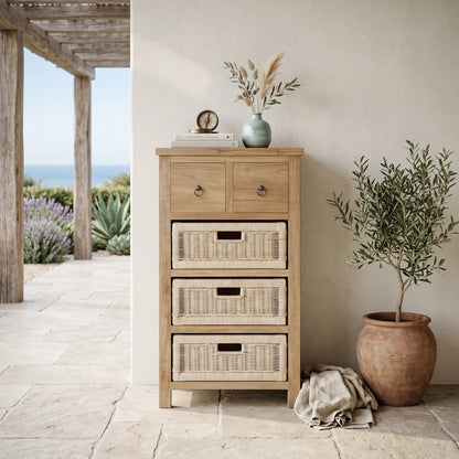 SAFARI OCCASIONAL TABLE WITH DRAWERS & RATTAN BASKET