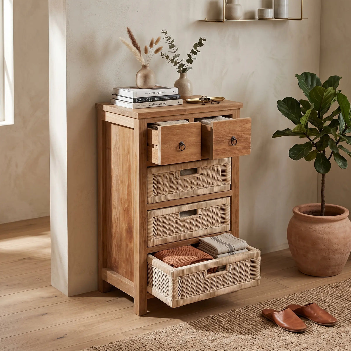 SAFARI OCCASIONAL TABLE WITH DRAWERS & RATTAN BASKET