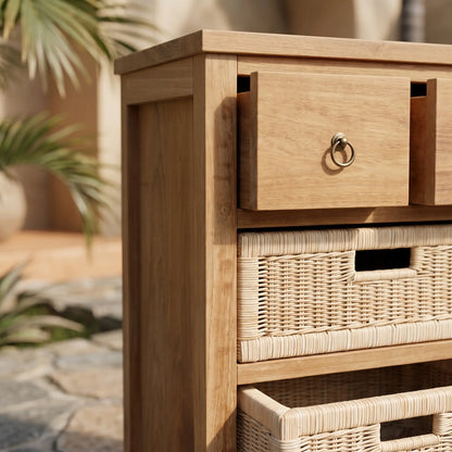 SAFARI OCCASIONAL TABLE WITH DRAWERS & RATTAN BASKET
