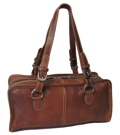 Amerileather Classy Belt Stitched Leather Satchel - Brown