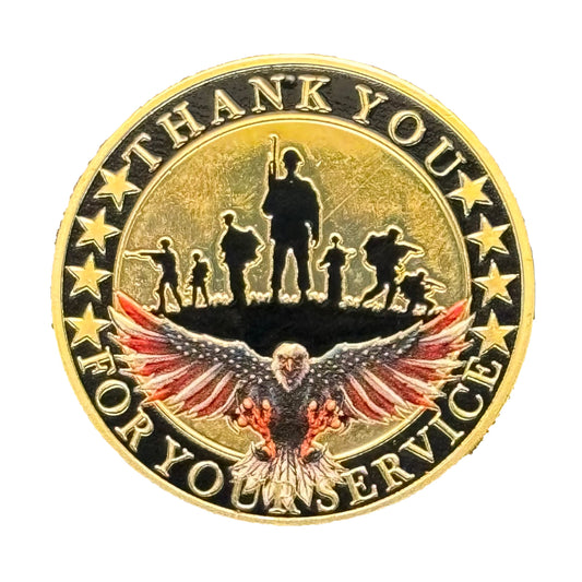 Military Veterans Thank You Commemorative Challenge Gold Coin with Eagle and Flag Design
