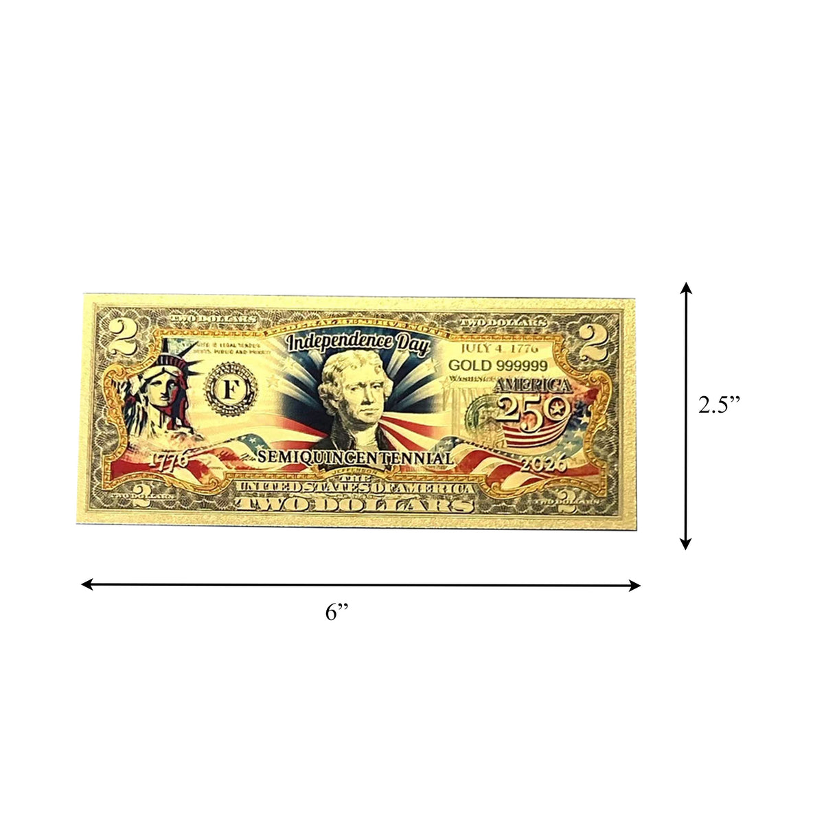 2 Dollar American Independence 250th Anniversary Gold Plated Fake Banknote