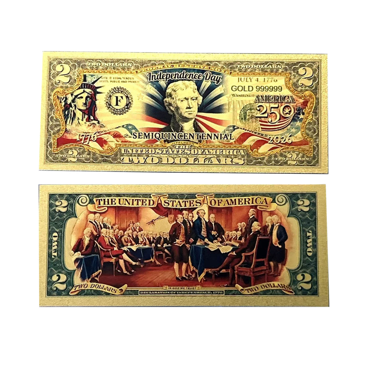 2 Dollar American Independence 250th Anniversary Gold Plated Fake Banknote