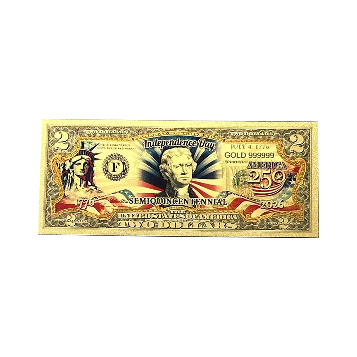 2 Dollar American Independence 250th Anniversary Gold Plated Fake Banknote
