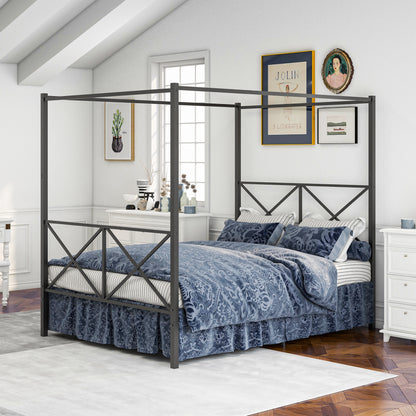Quick Assembly Queen Sized Metal Canopy X Shaped Platform Bed Frame- Black