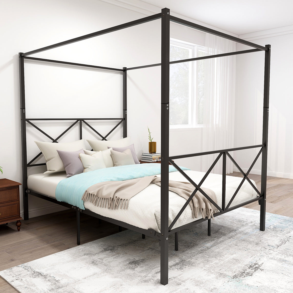 Quick Assembly Queen Sized Metal Canopy X Shaped Platform Bed Frame- Black