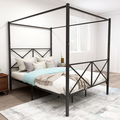 Quick Assembly Queen Sized Metal Canopy X Shaped Platform Bed Frame- Black