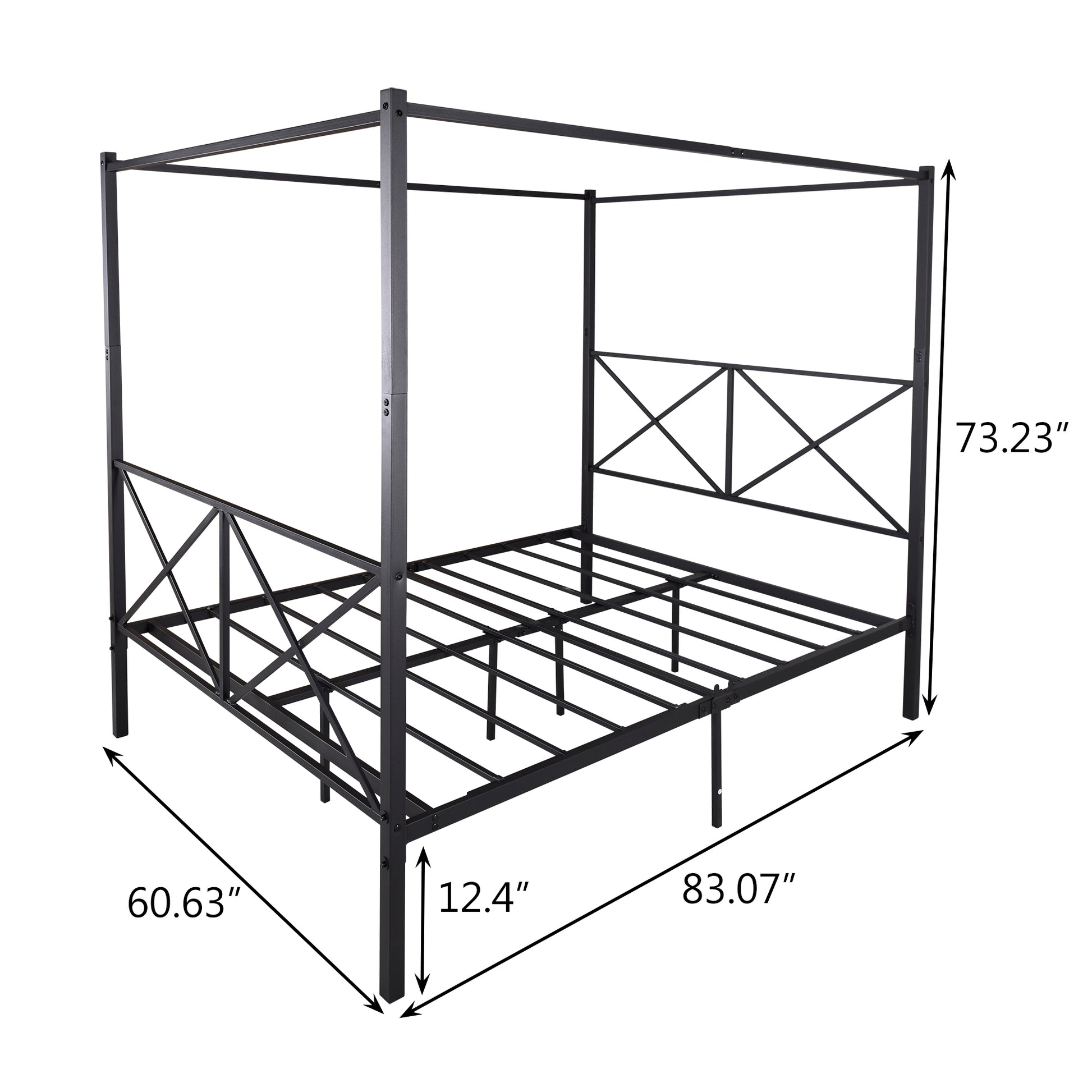 Quick Assembly Queen Sized Metal Canopy X Shaped Platform Bed Frame- Black