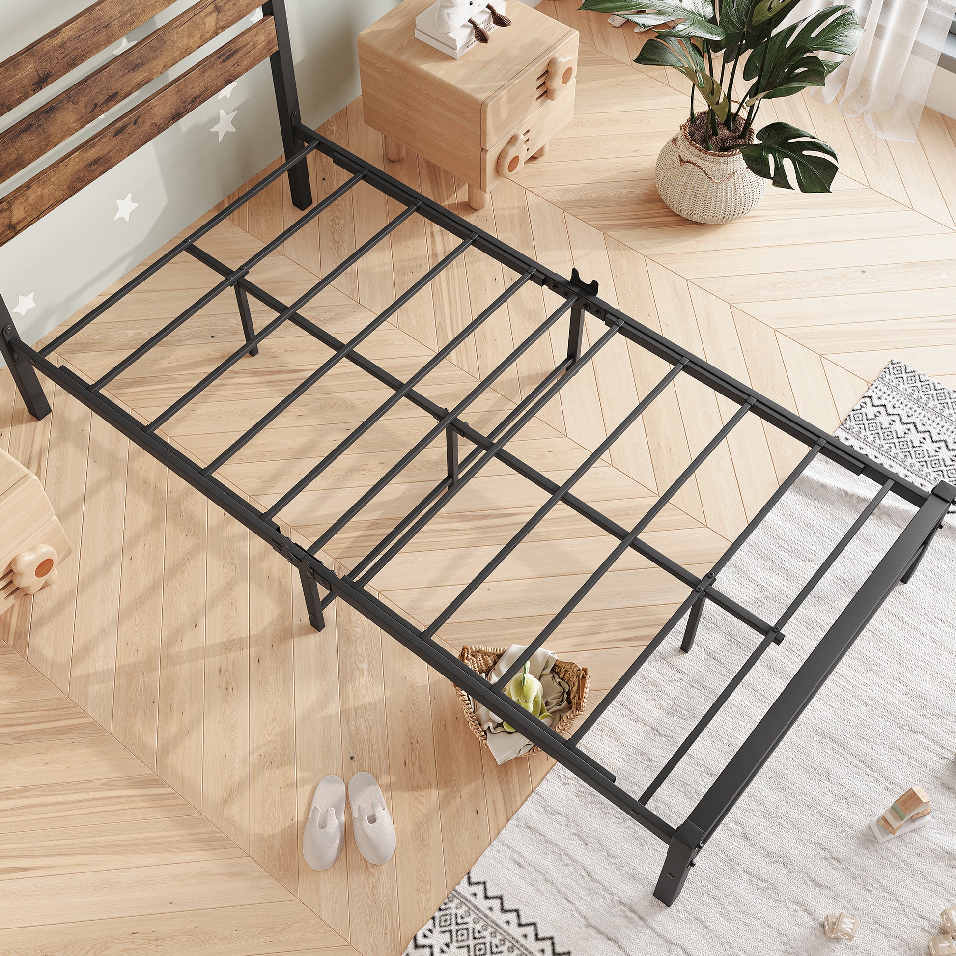 Twin-Sized Platform Bedframe with Slats and Rustic Wooden Head Board