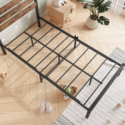 Twin-Sized Platform Bedframe with Slats and Rustic Wooden Head Board